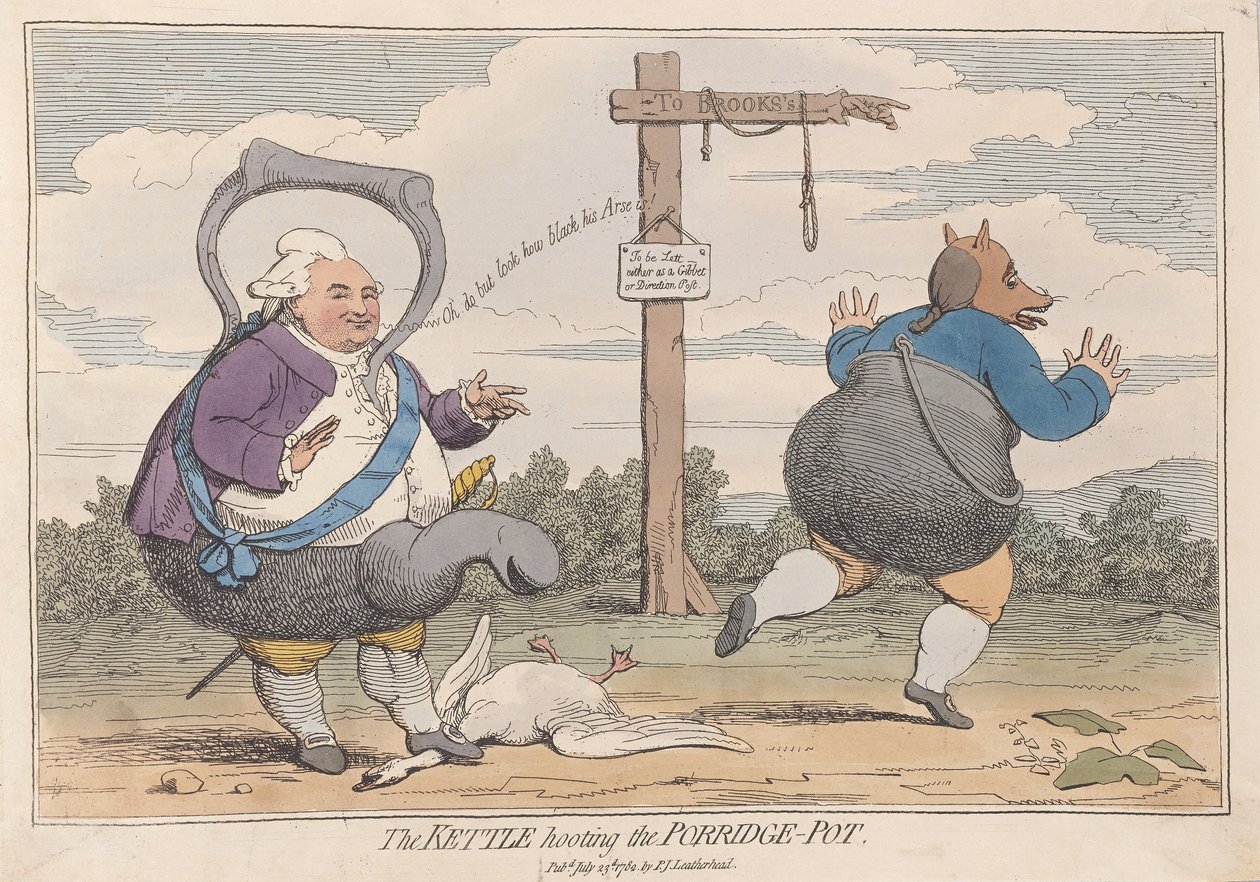 The Kettle Hooting the Porridge-Pot, pub. 1782 (håndfarget gravering) av James Gillray