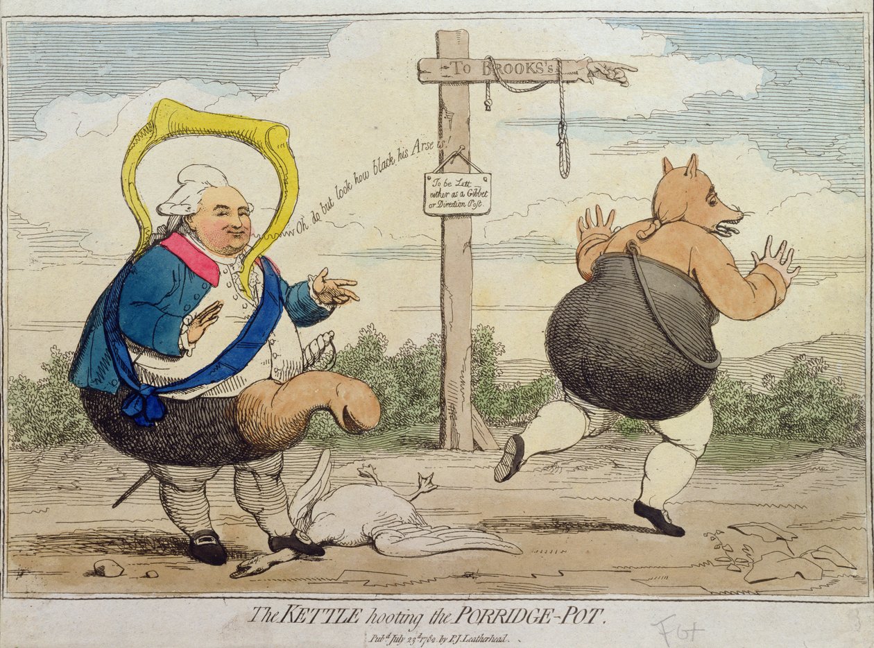 The Kettle Hooting the Porridge-Pot, utgitt av P.J. Leatherhead i 1782 (håndfarget etsning) av James Gillray