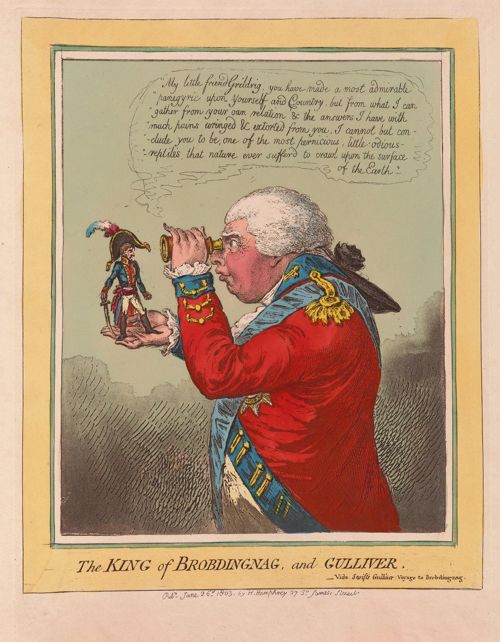 Kongen av Brobdingnag og Gulliver, pub. 1803 (håndfarget gravering) av James Gillray