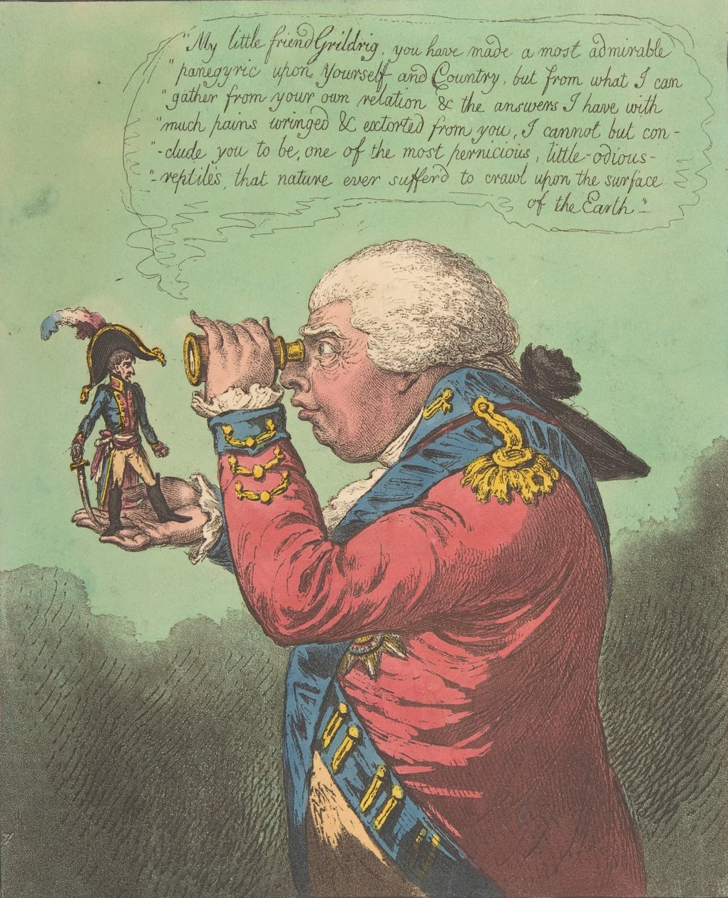 Kongen av Brobdingnag og Gulliver.-Vide. Swift's Gulliver: Voyage to Brobdingn..., 26. juni 1803. av James Gillray