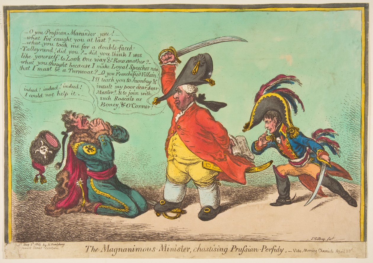 The Magnanimous-Minister, tuktende prøyssisk-perfidy, pub. 1806 (håndfarget gravering) av James Gillray