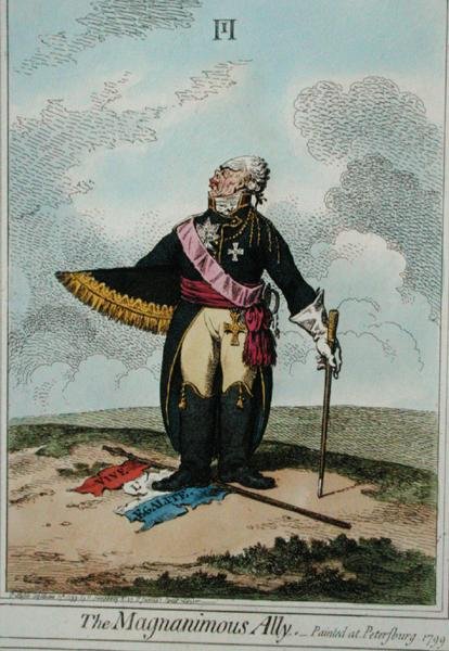 The Magnanimous Ally , utgitt av Hannah Humphrey i 1799 (håndfarget etsning) av James Gillray