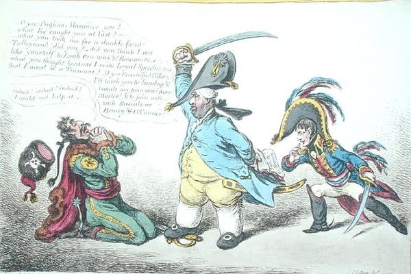 The Magnanimous Minister Chastising Prussian Perfidy, utgitt av Hannah Humphrey i 1806 (håndfarget etsning) av James Gillray
