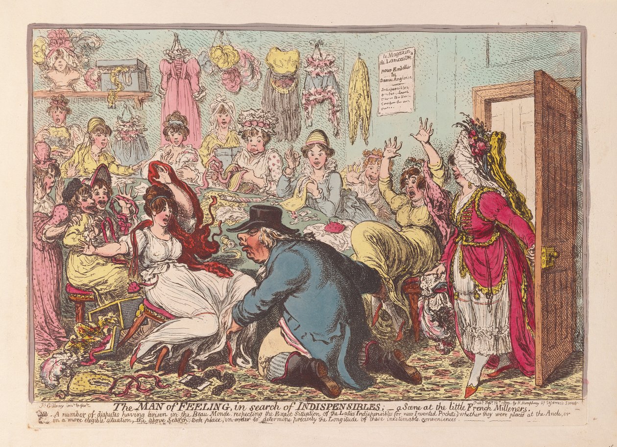 Følelsens mann på jakt etter uunnværlige ting; en scene på den lille franske Milliners, pub. 1800 (håndfarget gravering) av James Gillray