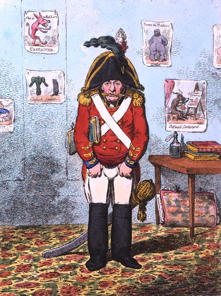 The Military Caricaturist , utgitt av Hannah Humphrey i 1799 (håndfarget etsning) av James Gillray