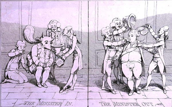 The Minister In - The Minister Out, utgitt av William Humphrey i 1782 (radering) av James Gillray