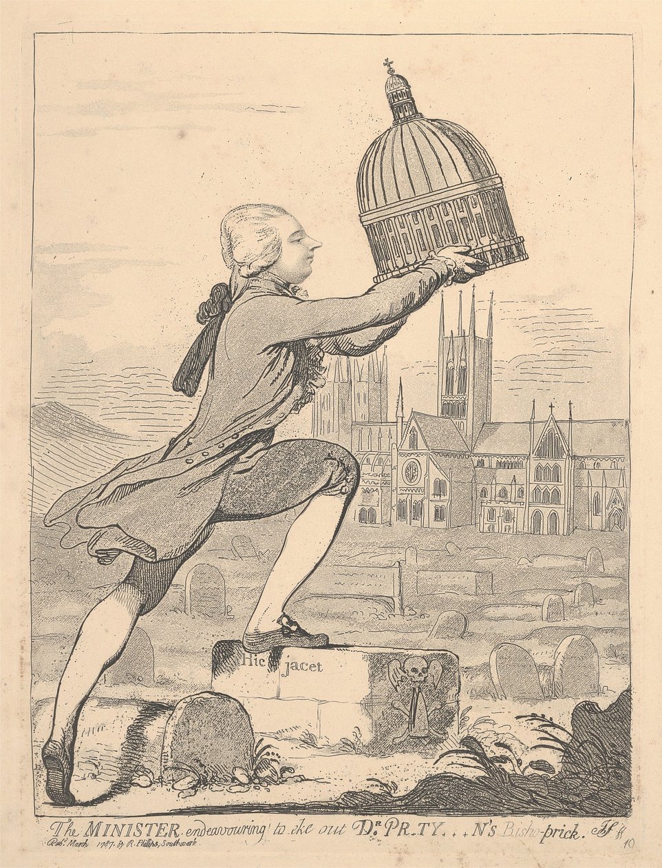 Ministeren forsøker å utvide dr. Pr*ty***ns Bisho-Prick av James Gillray