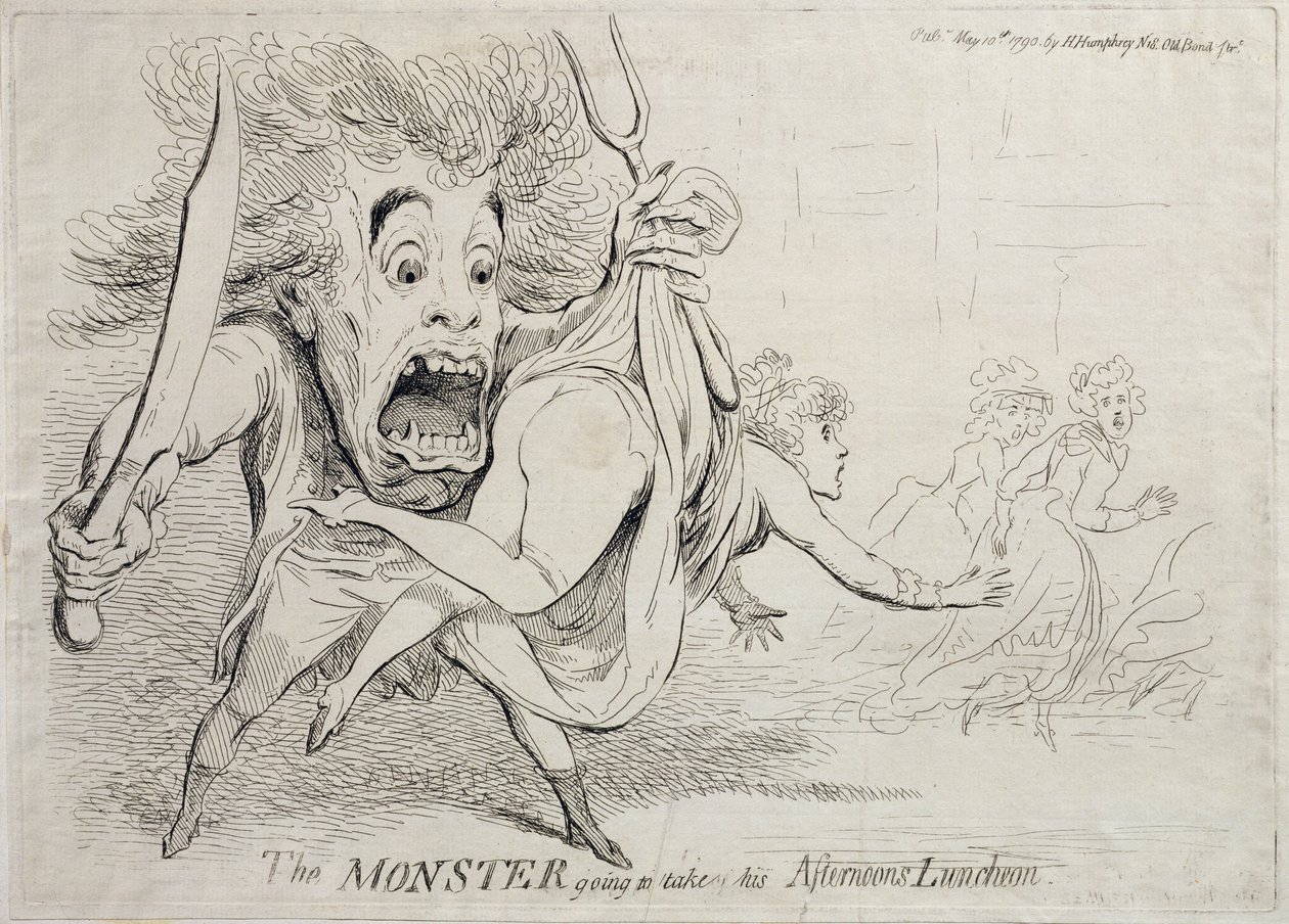 The Monster going to take his Afternoons Luncheon, utgitt av Hannah Humphrey i 1790 av James Gillray