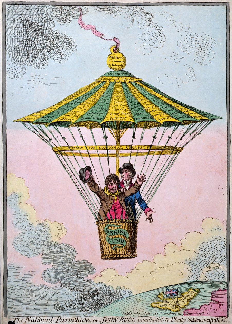 The National Parachute, eller John Bull dirigert til Plenty and Emancipation, utgitt av Hannah Humphrey i 1802 (håndfarget etsning) av James Gillray