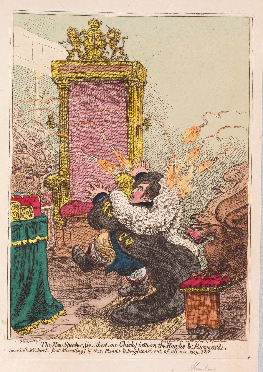 The New Speaker, (dvs. Law-Chick) mellom Hawks og Buzzards, pub. 1800 (håndfarget gravering) av James Gillray