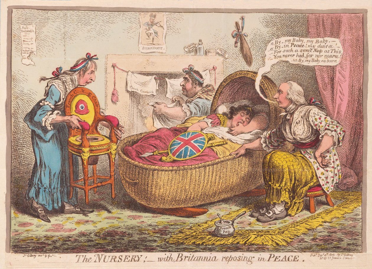 Barnehagen; med Britannia som hviler i Peace, pub. 1802 (håndfarget gravering) av James Gillray