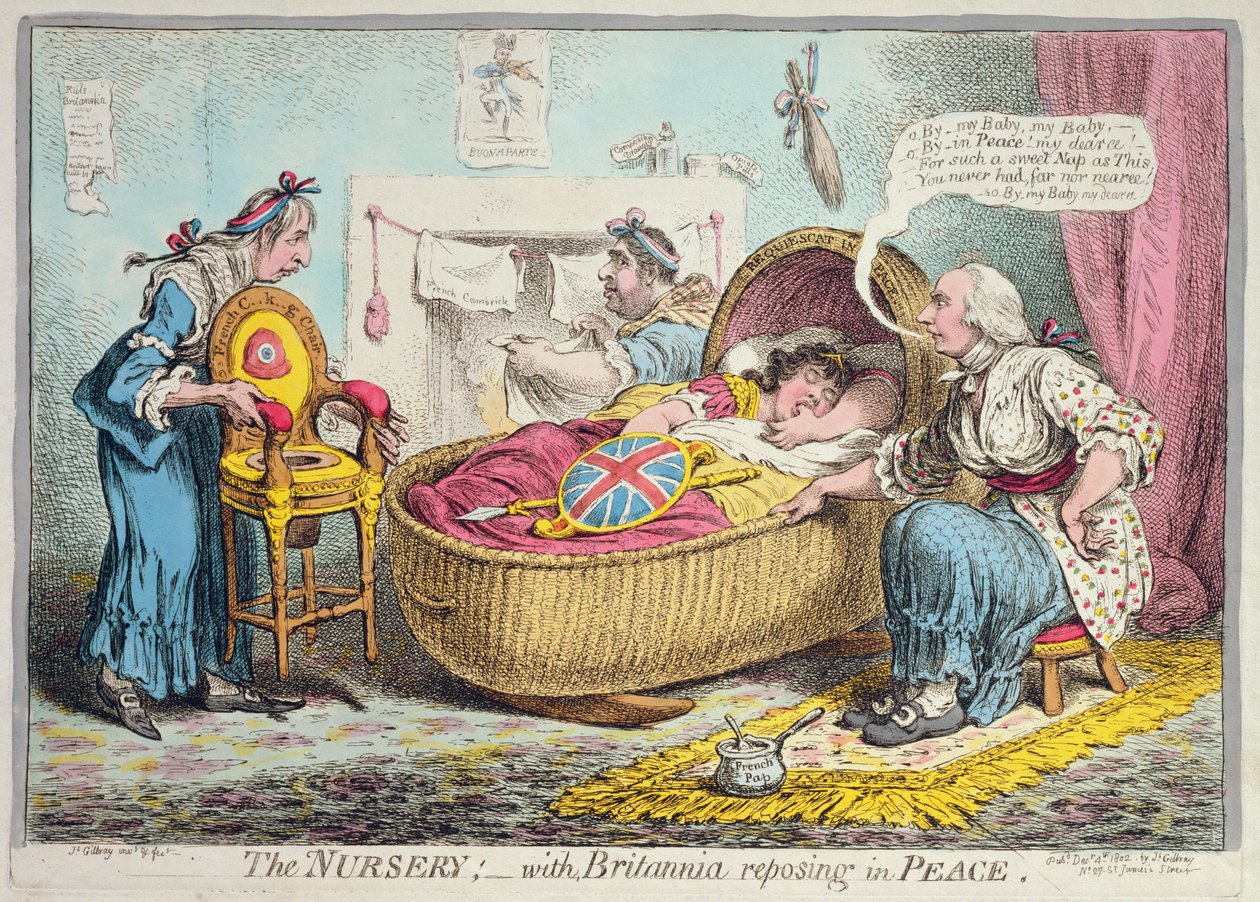 Barnehagen! med Britannia som hviler i fred, utgitt av Hannah Humphrey i 1802 (håndfarget etsning) av James Gillray