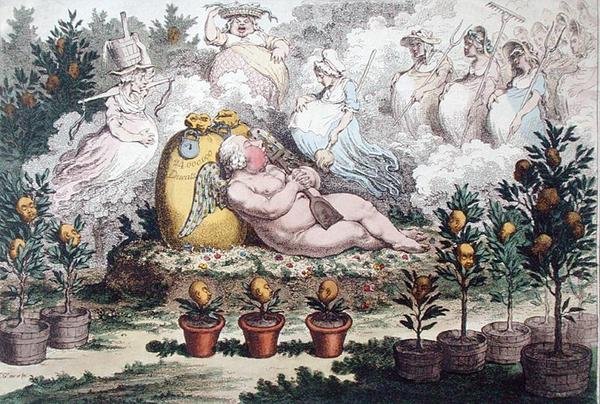 The Orangerie, eller The Dutch Cupid-reposing, After the Fatigues of Planting, utgitt av Hannah Humphrey i 1796 (håndfarget etsning) av James Gillray