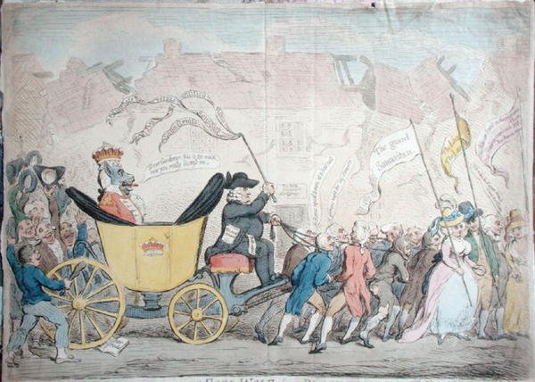 The Pacific Entrance of Earl-Wolf into Blackhaven, utgitt av Hannah Humphrey i 1792 (håndfarget etsning) av James Gillray