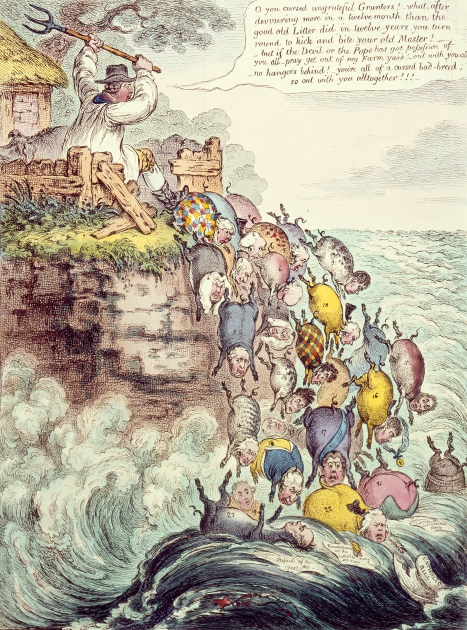 The Pigs Possessed, eller den bredbunnede søppel som løper hodestups inn i fortapelsens hav, 1807 av James Gillray