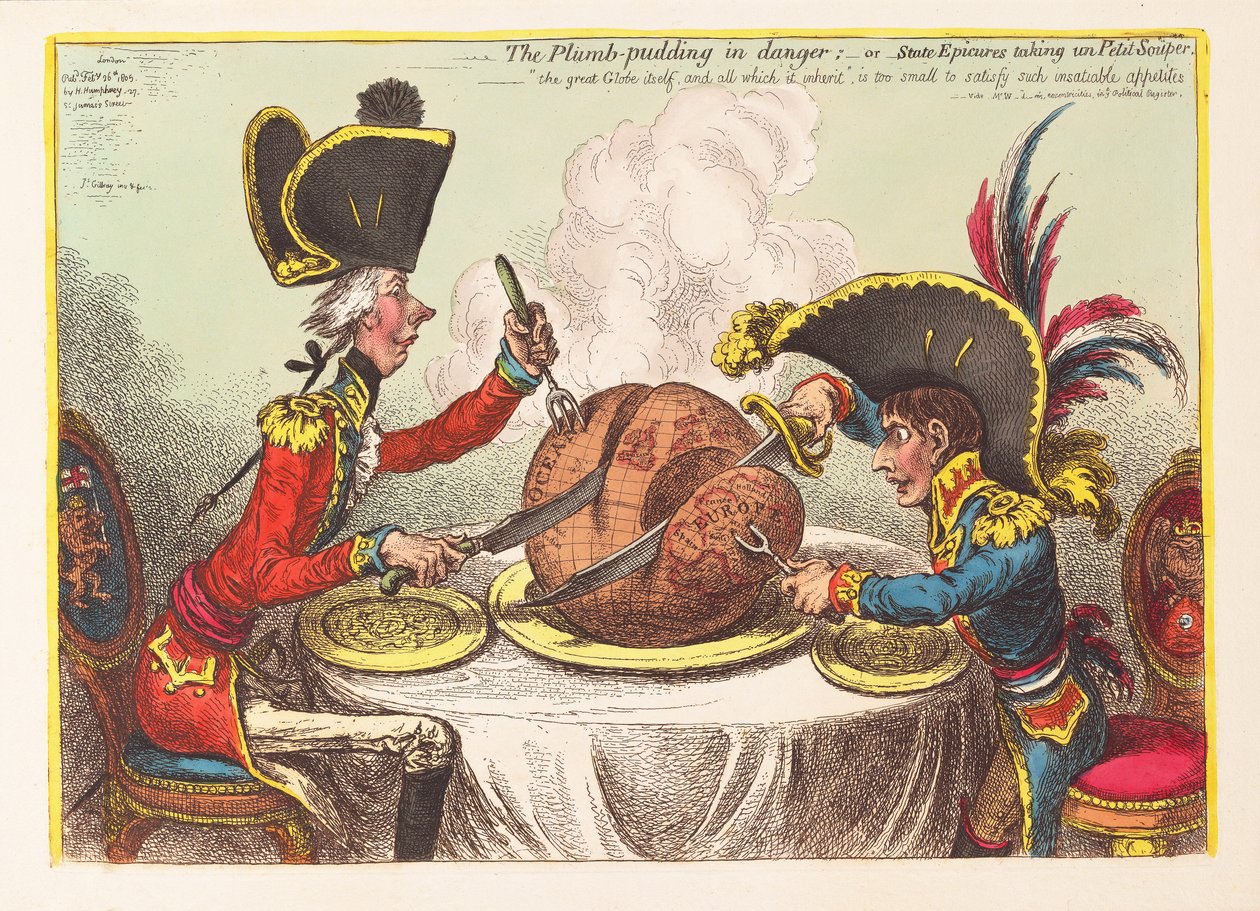 Plum Pudding i fare eller statsepikere som tar un Petit Souper, pub. 1805 (håndfarget gravering) av James Gillray