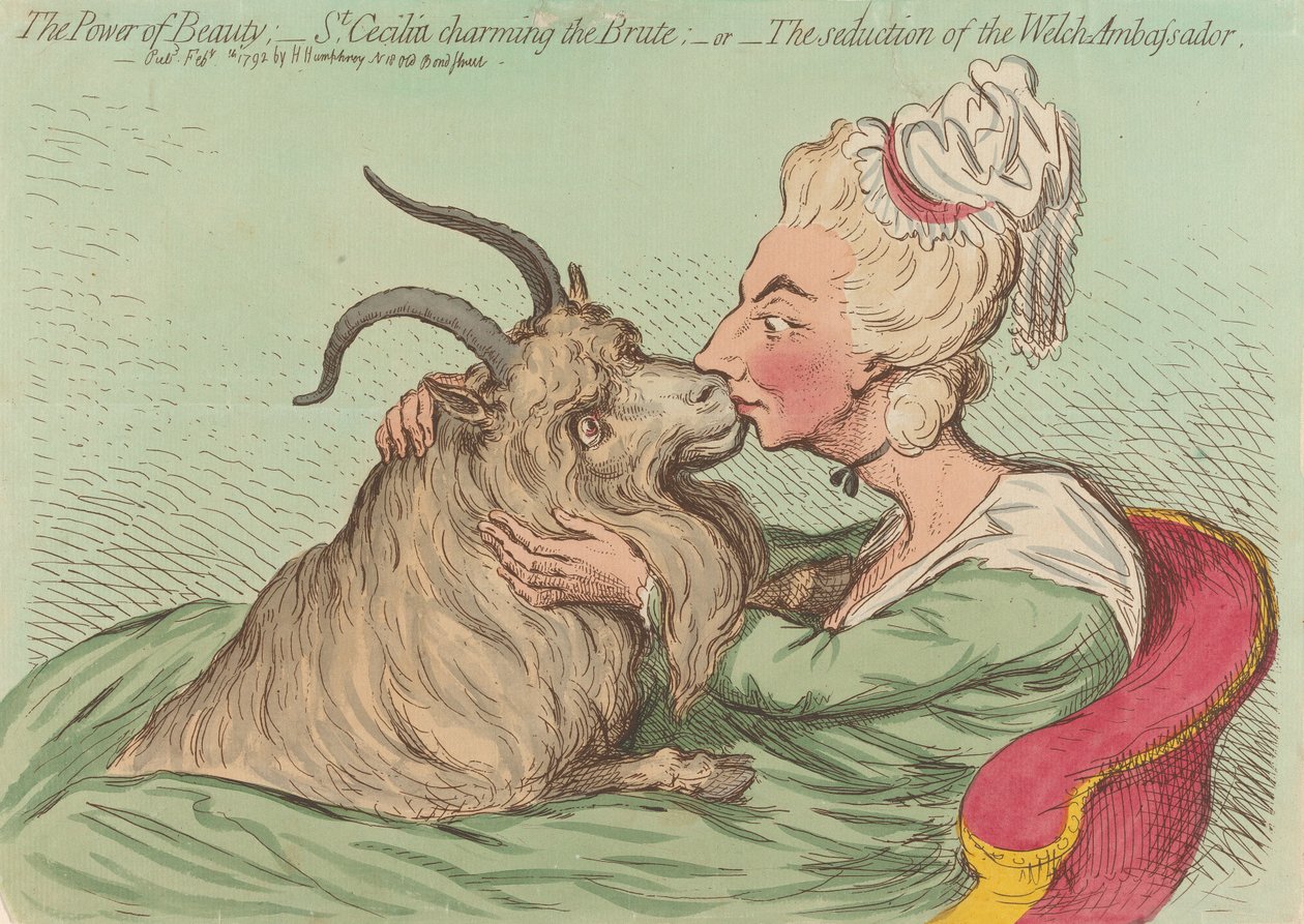 Skjønnhetens makt; - Sankt Cecilia fortryller dyret; - eller - Forførelsen av den walisiske ambassadøren (fra: Caricature, bind 2) av James Gillray
