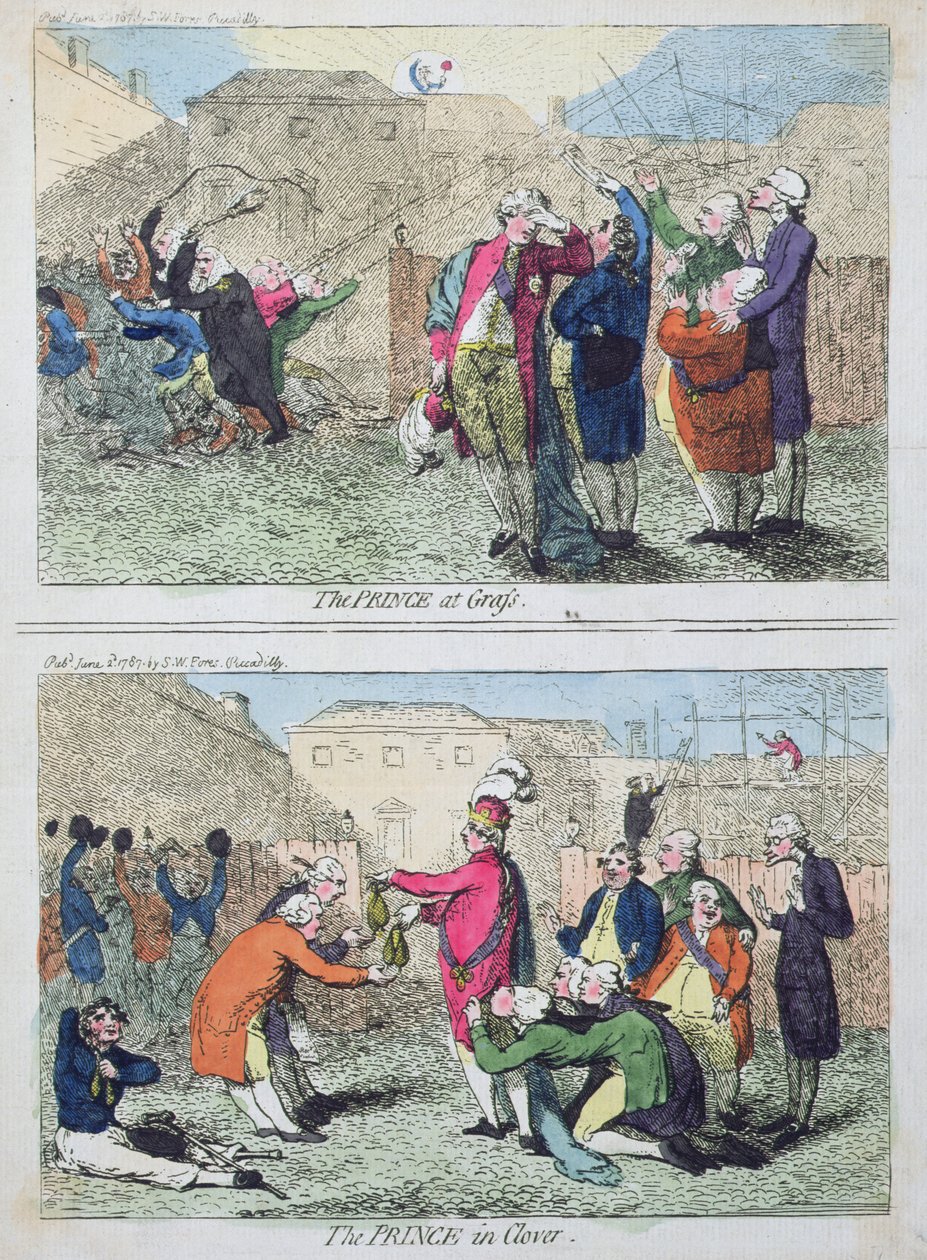 The Prince at Grass og The Prince in Clover, utgitt av S.W. Fores i 1787 (håndfarget etsning) av James Gillray