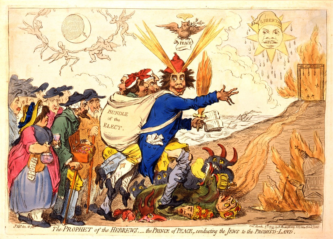 Hebreernes profet - fredsfyrsten leder jødene til det lovede land, pub. Hannah Humphrey, 1795 (håndfarget gravering) av James Gillray