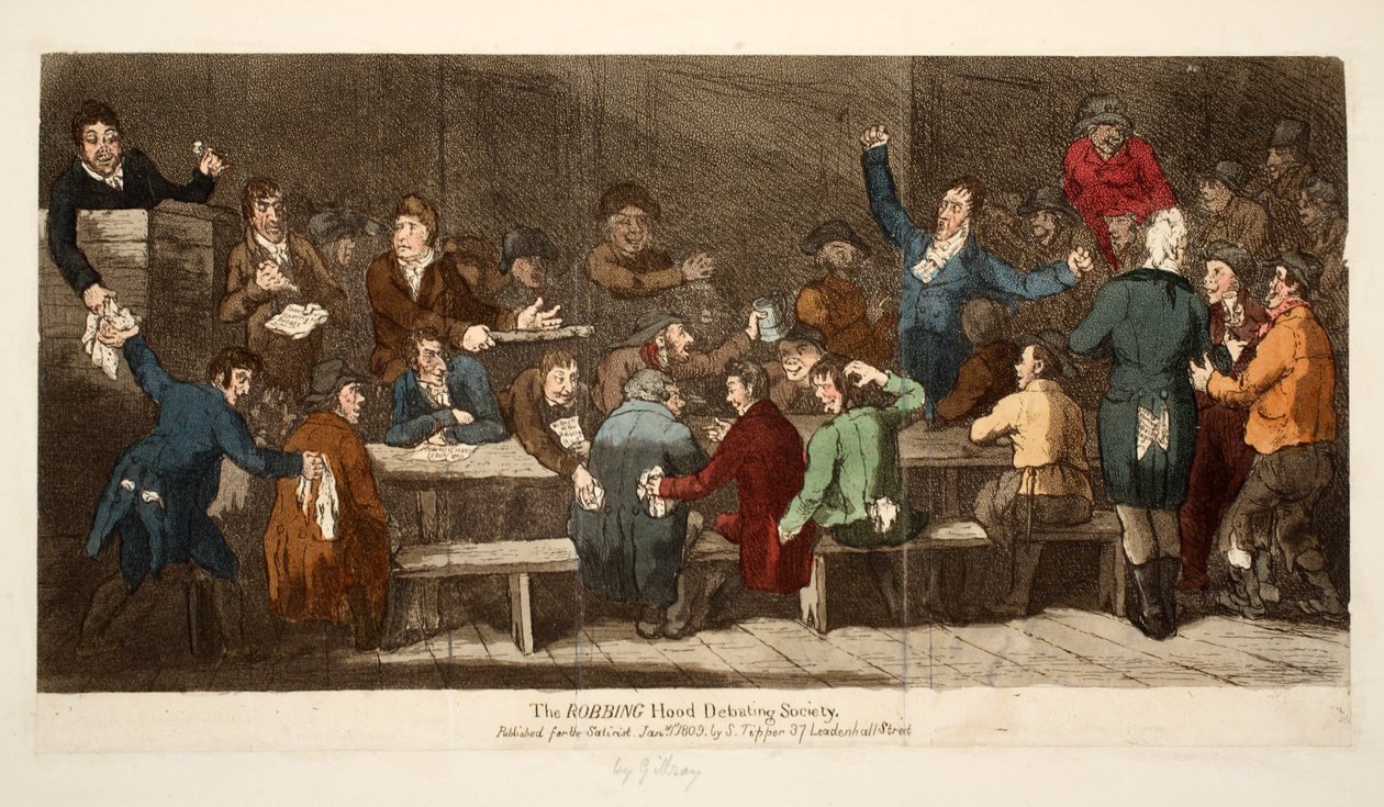 The ROBBING Hood Debating Society, pub S. Tipper, 1. januar 1809 (håndfarget gravering) av James Gillray