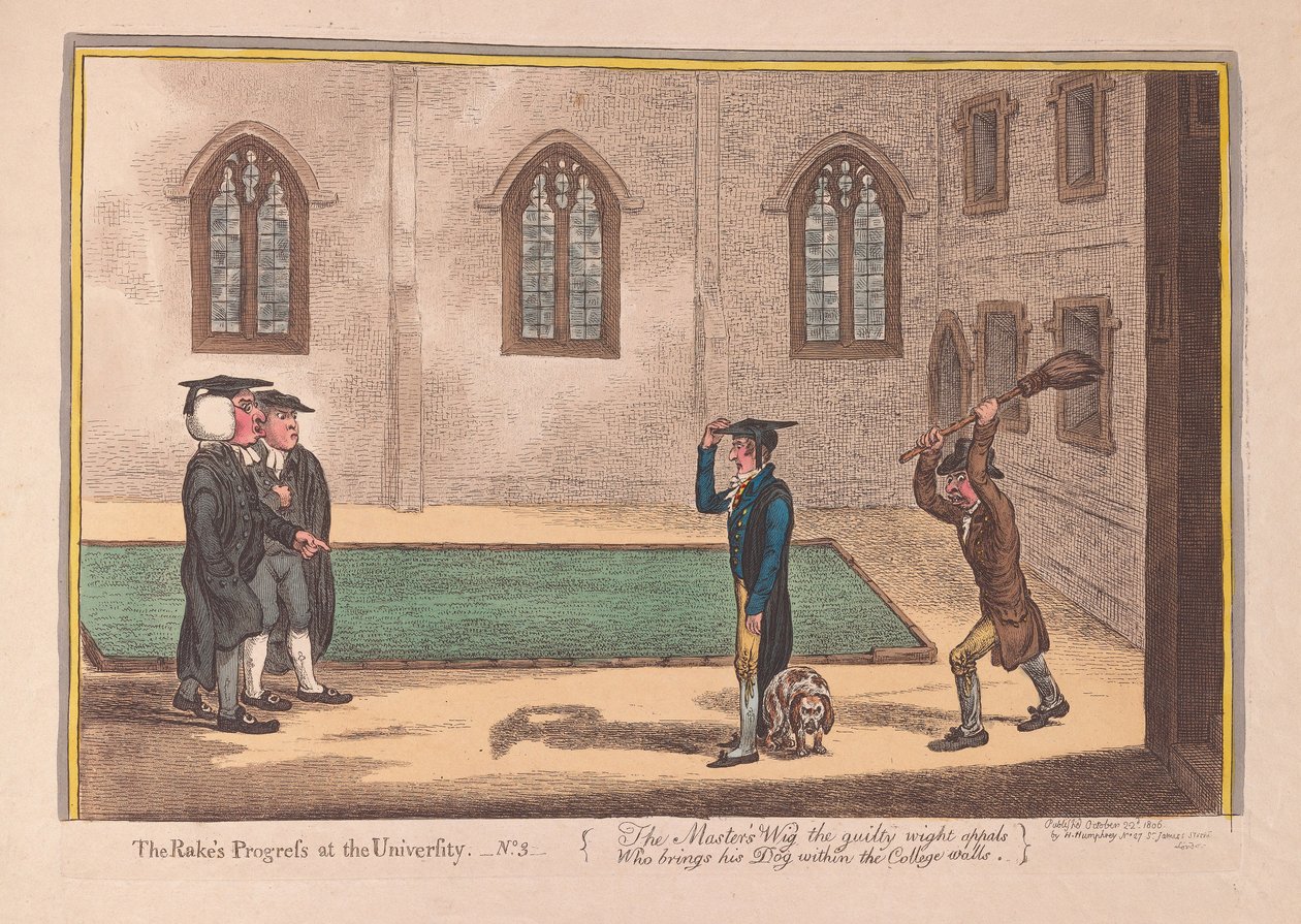The Rakes Progress ved universitetet. nr. 3, pub. 1806 (håndfarget gravering) av James Gillray