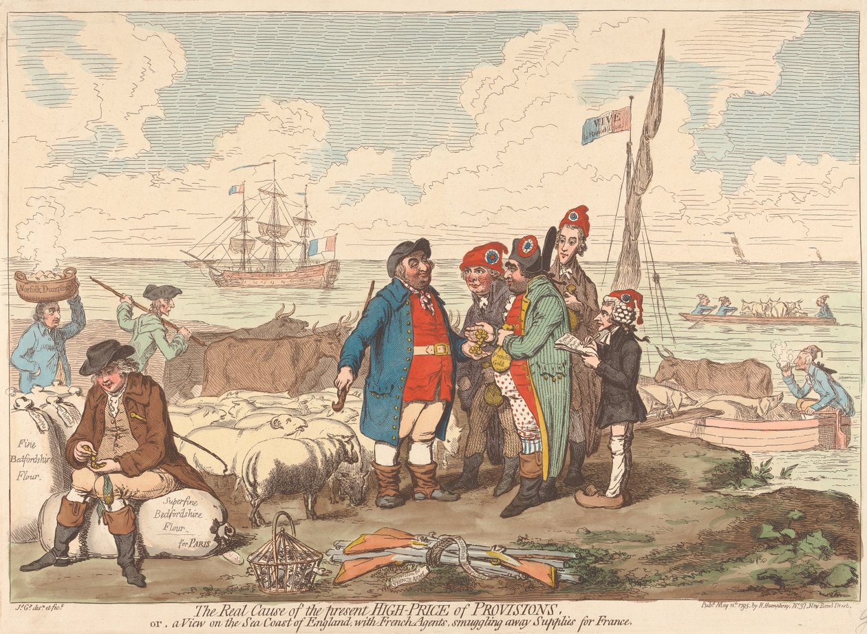 Den virkelige årsaken til de nåværende høye matvareprisene eller en utsikt over Englands kyst med franske agenter som smugler forsyninger til Frankrike av James Gillray