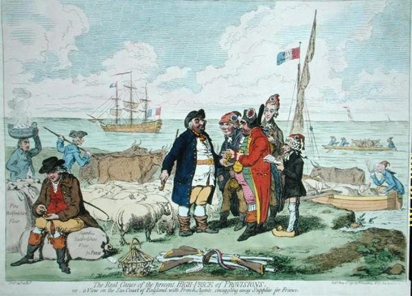 Den virkelige årsaken til den nåværende høye prisen på proviant, utgitt av Hannah Humphrey i 1795 (håndfarget etsning) av James Gillray