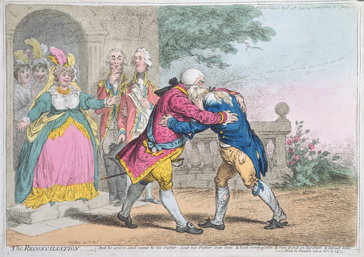The Reconciliation, utgitt av Hannah Humphrey, 1804 (farget etsning) av James Gillray