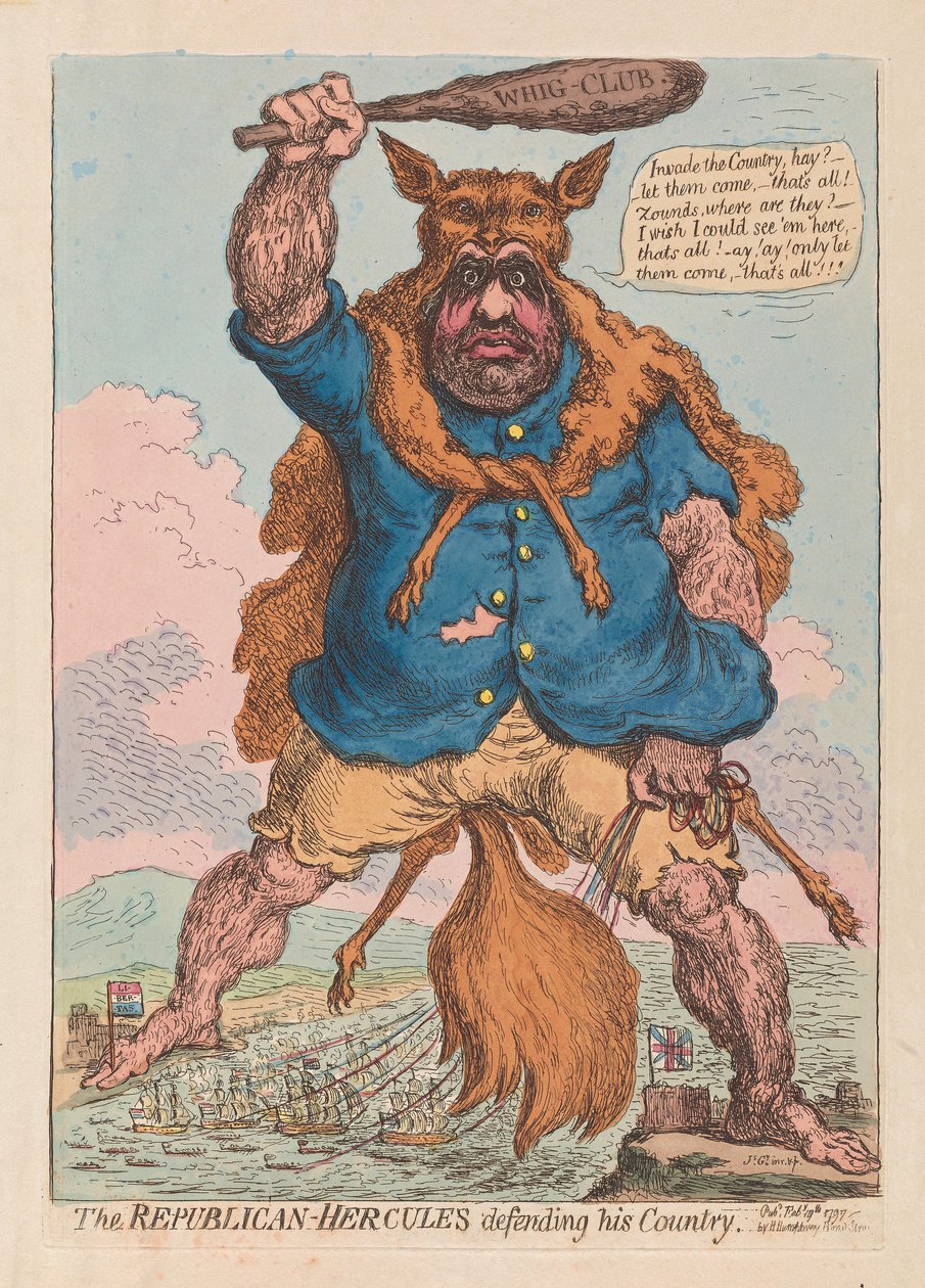 Den republikanske Hercules forsvarer sitt land, pub. 1797 (håndfarget gravering) av James Gillray