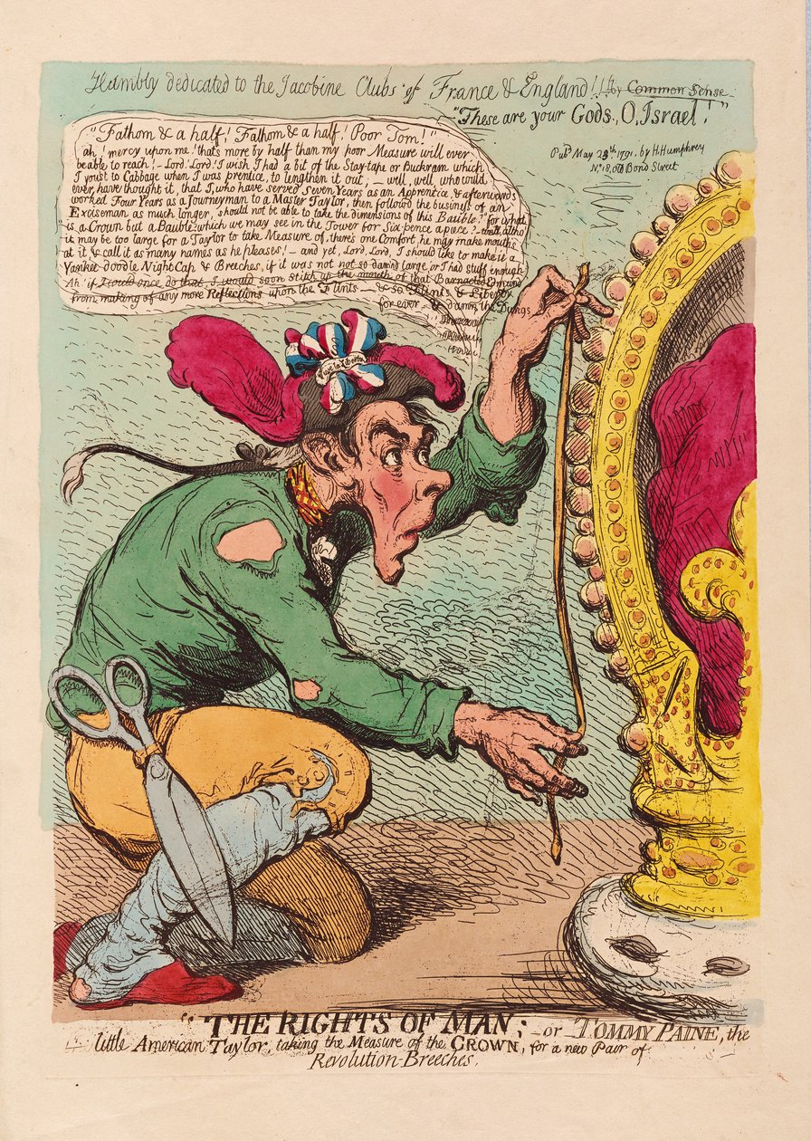 The Rights of Man, eller Tomm Paine, den lille amerikanske Taylor som tar mål av kronen for et nytt par revolusjonsbukser, pub. 1791 (håndfarget gravering) av James Gillray