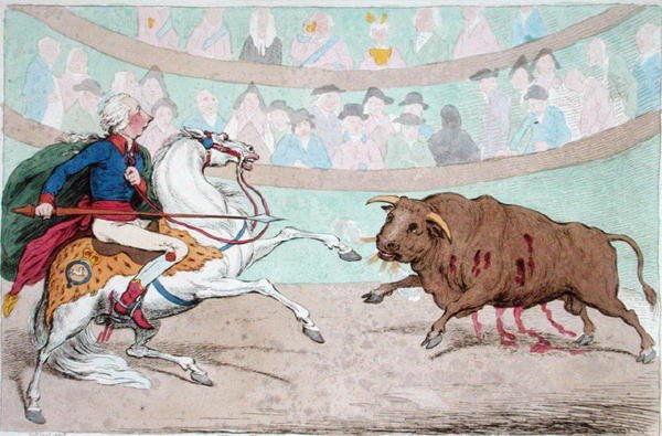 The Royal Bull-Fight, utgitt av Hannah Humphrey i 1795 (håndfarget etsning) av James Gillray