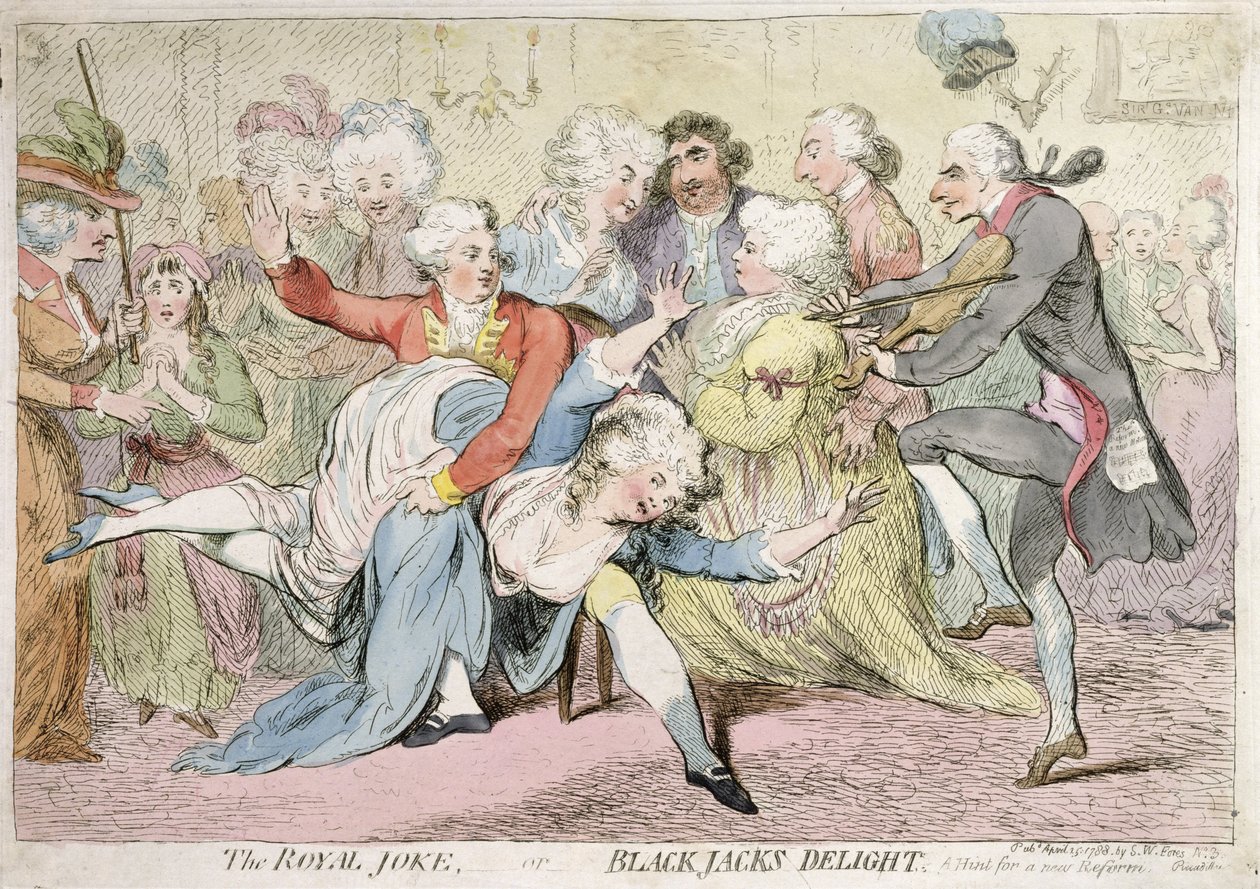 Den kongelige spøken, eller Black Jacks glede, utgitt av SW Fores i 1788 (håndkolorert etsning) av James Gillray