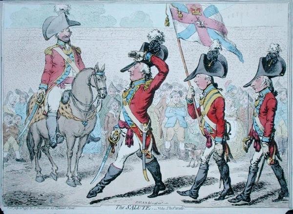 The Salute, or The Parade, utgitt av Hannah Humphrey i 1797 (håndfarget etsning) av James Gillray