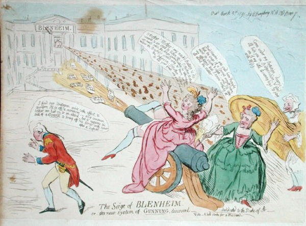 The Siege of Blenheim, eller The new system of Gunning discovered, utgitt av Hannah Humphrey i 1791 (håndfarget etsning) av James Gillray