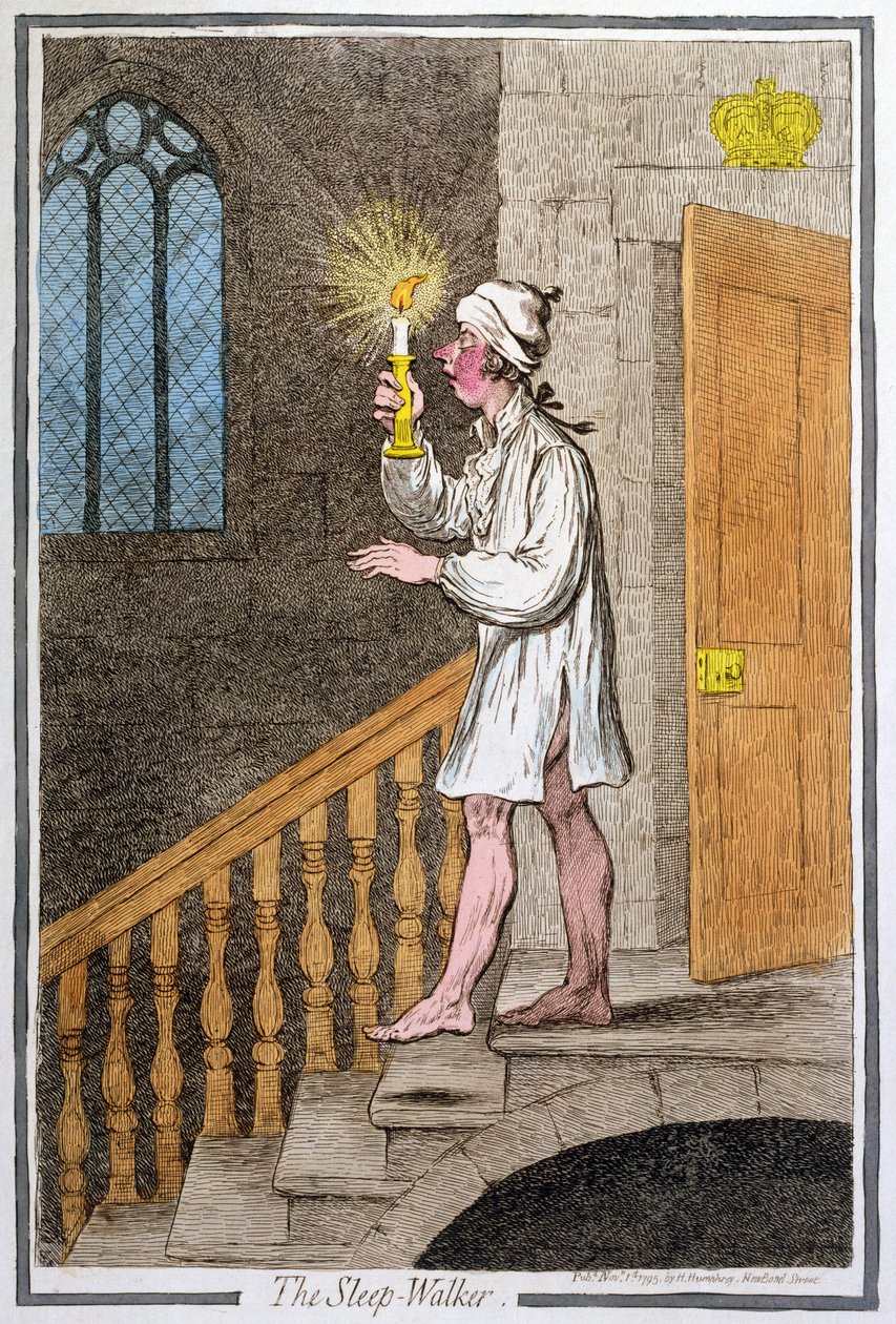 The Sleep-Walker, utgitt av Hannah Humphrey i 1795 (håndfarget etsning0 av James Gillray
