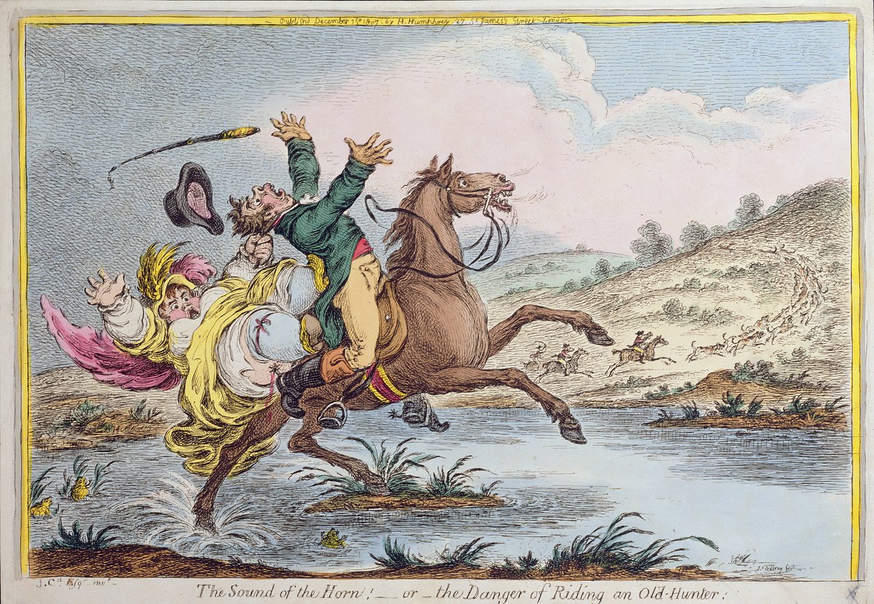 The Sound of the Horn, or The Danger of Riding an Old Hunter, utgitt av Hannah Humphrey i 1807 (håndfarget etsning) av James Gillray