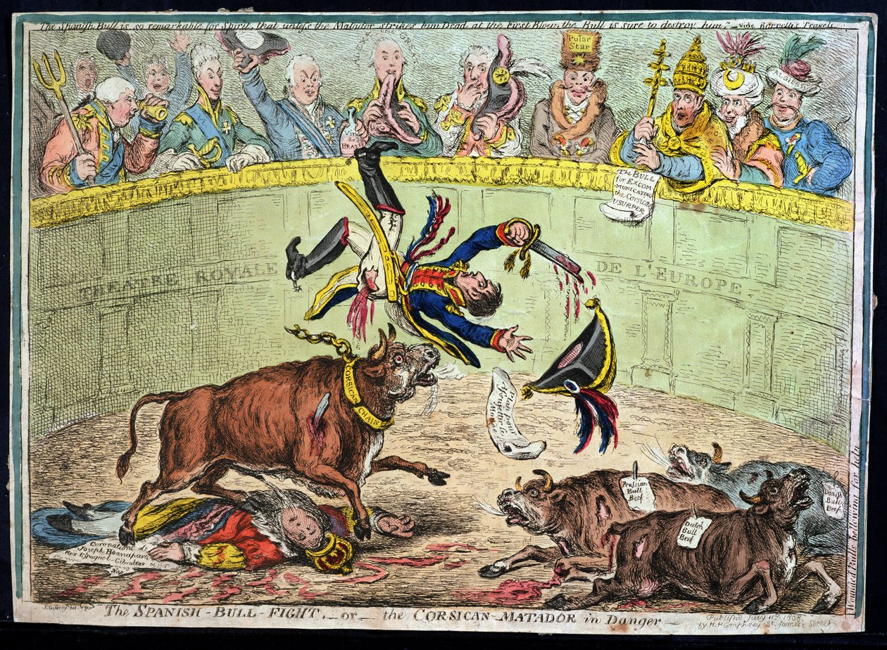 The Spanish Bull Fight, eller The Corsican Matador in Danger, utgitt av Hannah Humphrey i 1808 (håndfarget etsning) av James Gillray
