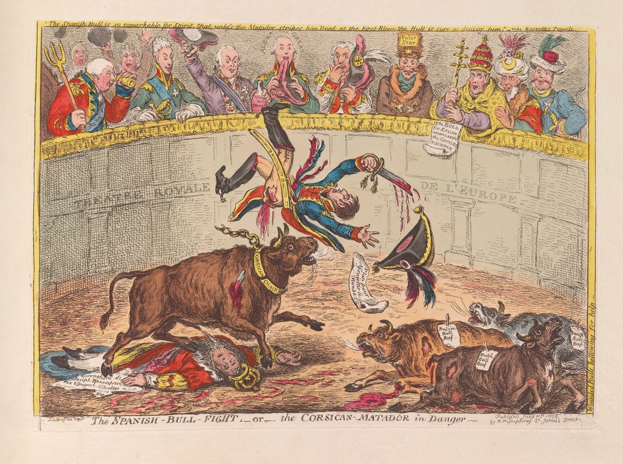 Den spanske oksekampen eller den korsikanske Matador i fare, pub. 1805 (håndfarget gravering) av James Gillray