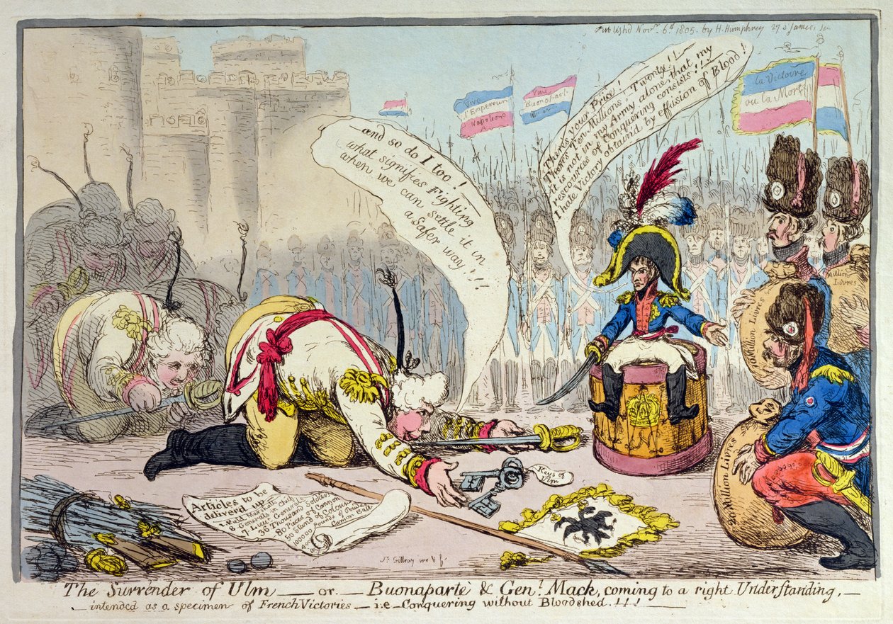 The Surrender of Ulm, eller Buonaparte og General Mack kommer til en rett forståelse, utgitt av Hannah Humphrey i 1805 (håndfarget etsning) av James Gillray