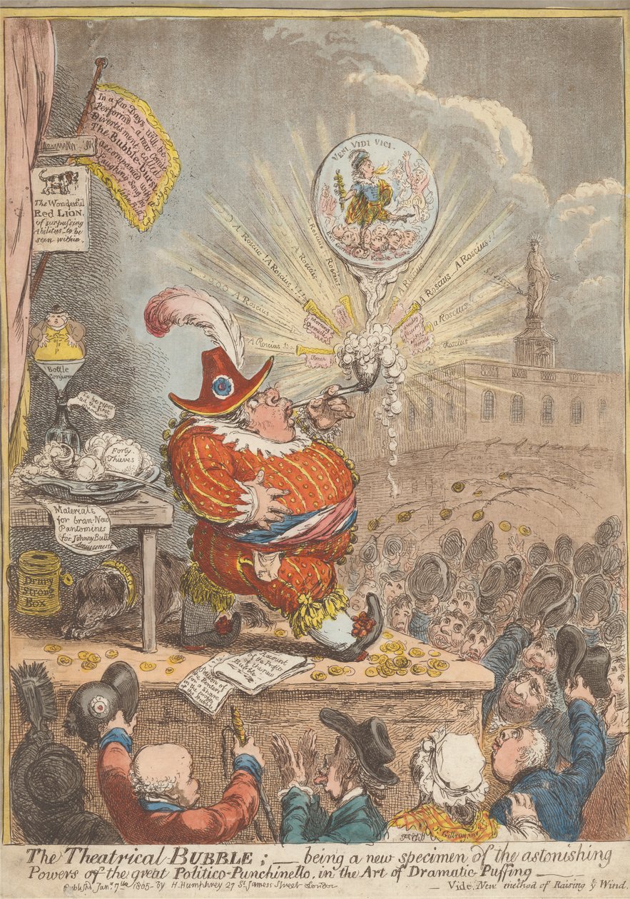 Theatrical Bubble: Being a New Eximen of the Astonishing Powers of the Great Politico-Punchinello, i kunsten Dramatic Puffing av James Gillray