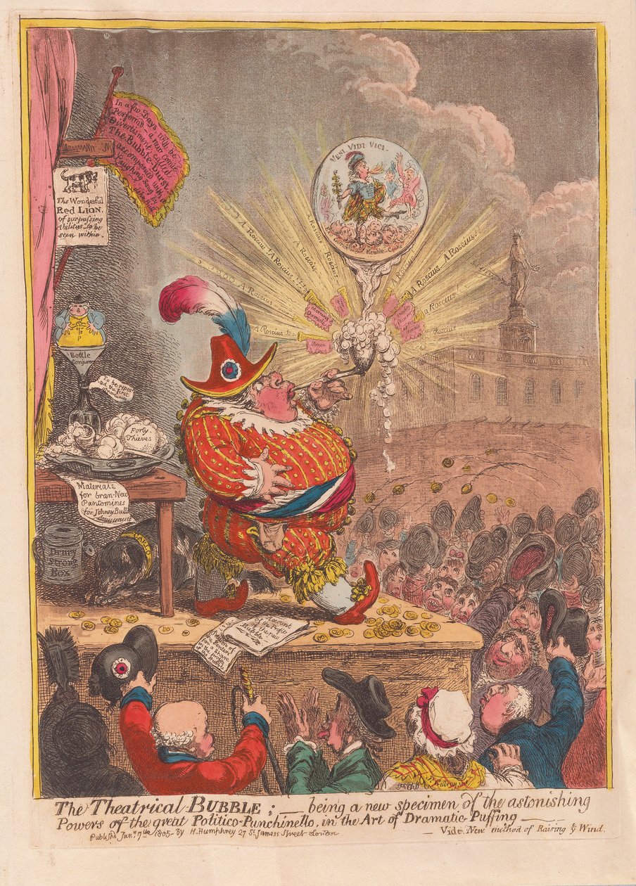 Theatrical Bubble: å være et nytt eksemplar av de forbløffende kreftene til den store Politico-Punchinello i Art of Dramatic Puffing, pub. 1805 (håndfarget gravering) av James Gillray