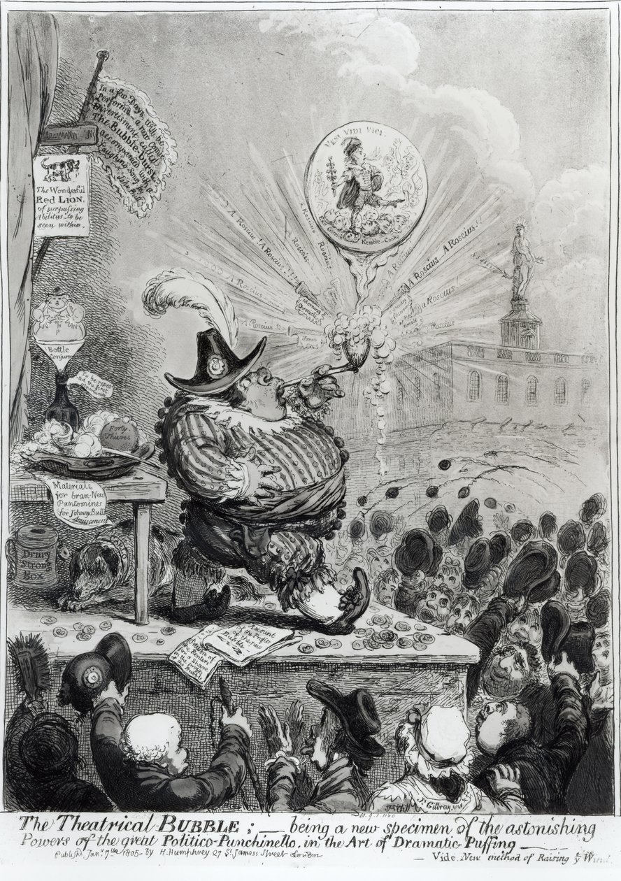 Theatrical Bubble... utgitt av Hannah Humphrey (fl.1778-1822) 1805 (etching und aquatint) av James Gillray