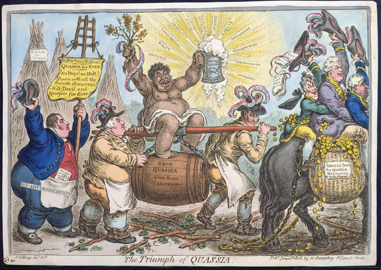 The Triumph of Quassia , utgitt av Hannah Humphrey i 1806 (håndfarget etsning) av James Gillray
