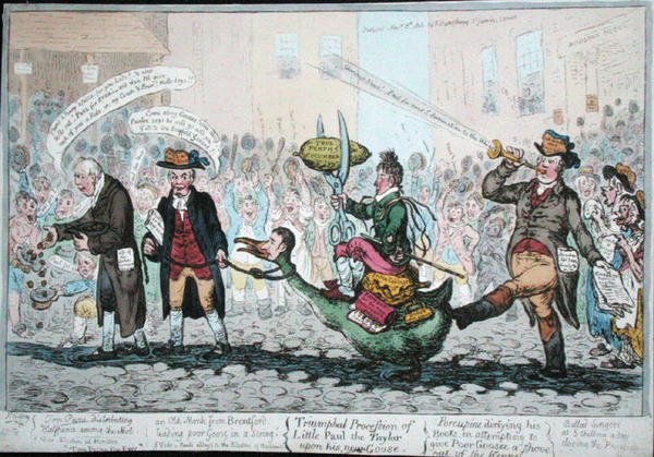 The Triumphal Procession of Little Paul the Taylor på hans nye gås, utgitt i 1806 (håndfarget etsning) av James Gillray