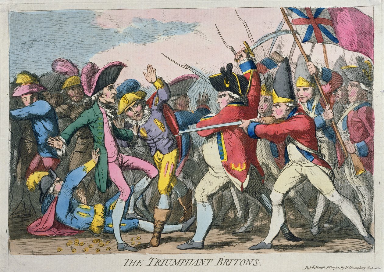 The Triumphant Britons , utgitt av Hannah Humphrey i 1780 (håndfarget etsning) av James Gillray