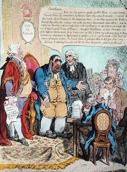 The Worn Out Patriot, eller The Last Dying Speech of the Westminster Representative på jubileumsmøtet 10. oktober 1800, holdt på Shakespeare Tavern, utgitt av Hannah Humphrey i 1800 (håndfarget etsning) av James Gillray