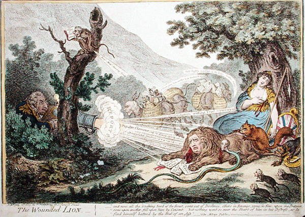 The Wounded Lion, utgitt av Hannah Humphrey i 1805 (håndfarget etsning) av James Gillray