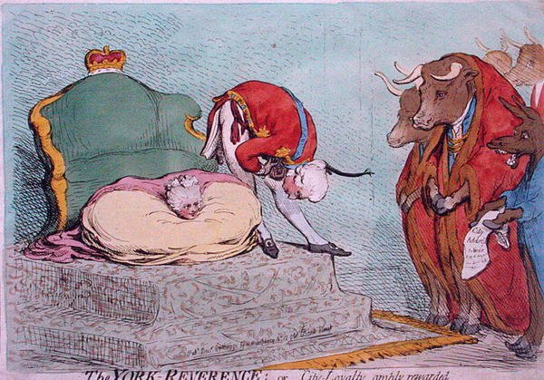 The York Reverence, eller City Loyalty, rikelig belønnet, utgitt av Hannah Humphrey i 1791 (håndfarget etsning) av James Gillray