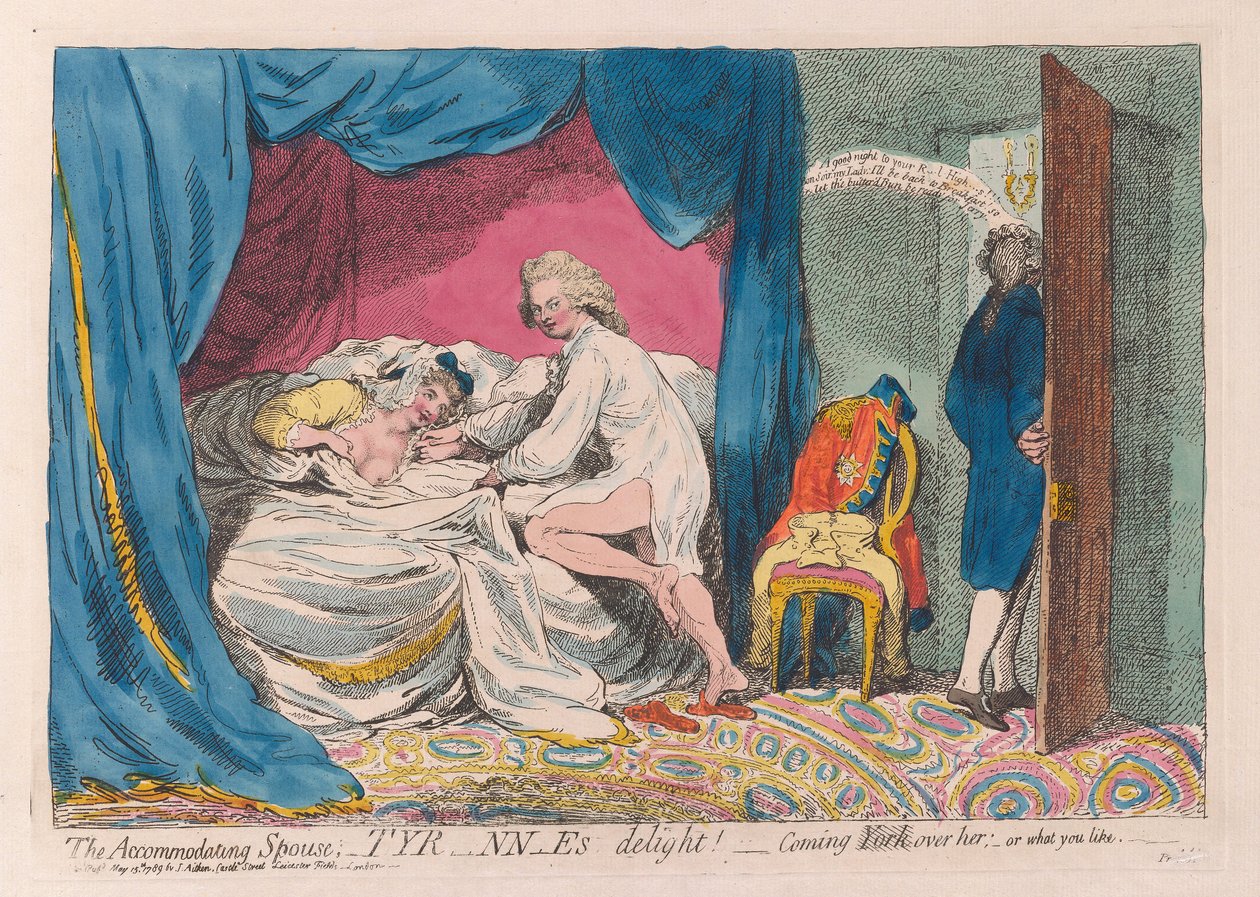 Den imøtekommende ektefellen; Tyranns glede! - kommer York over henne; - eller hva du liker, pub. 1789 (håndfarget gravering) av James Gillray