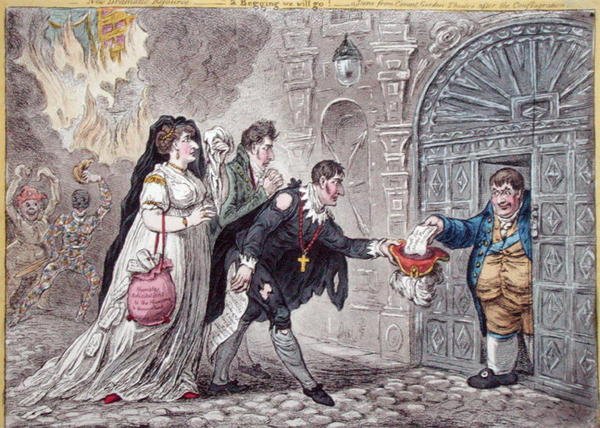 Theatrical Mendicants relieved, utgitt av Hannah Humphrey i 1809 (håndfarget etsning) av James Gillray